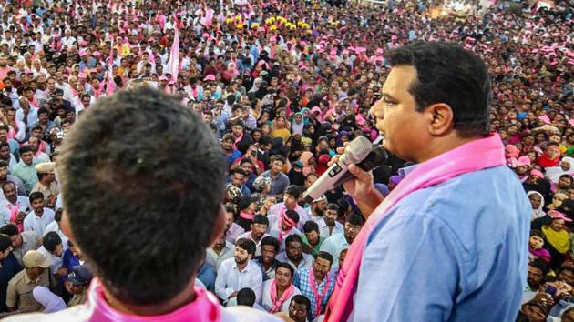 TRS leader KT Rama Rao addressing a rally ahead of the December 7 Telangana assembly election (PTI File Photo)(PTI)