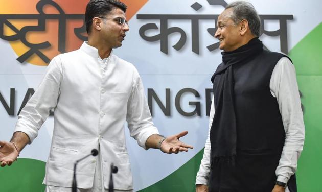 New Delhi: Rajasthan Congress President Sachin Pilot and senior party leader Ashok Gehlot before the press conference at AICC headquarters in New Delhi, on Friday, Dec. 14, 2018.(PTI)