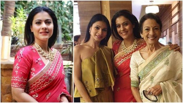 Kajol and her sister Tanishaa and her mother Tanuja at a wedding.(Instagram)