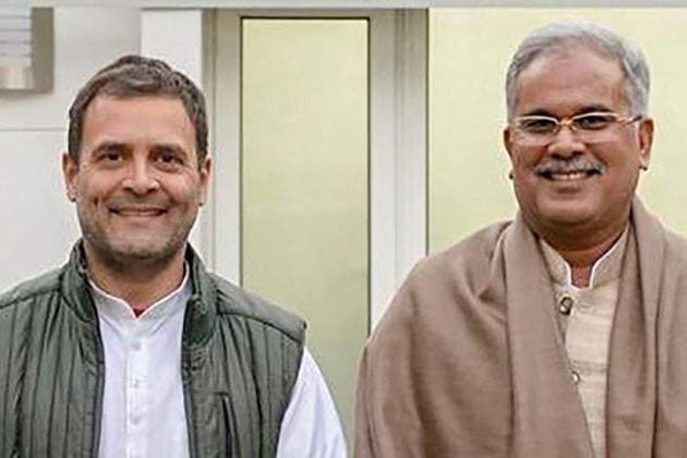 Congress president Rahul Gandhi with Chhattisgarh chief minister-designate Bhupesh Baghel at his residence in New Delhi on December 15.(PTI Photo) Congress president Rahul Gandhi with Chhattisgarh chief minister-designate Bhupesh Baghel at his residence in New Delhi on December 15.(PTI Photo)