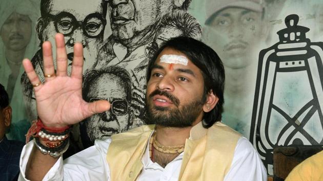 Rashtriya Janata Dal MLA Tej Pratap Yadav addresses a press confrence at party office, in Patna on December 16.(PTI Photo)