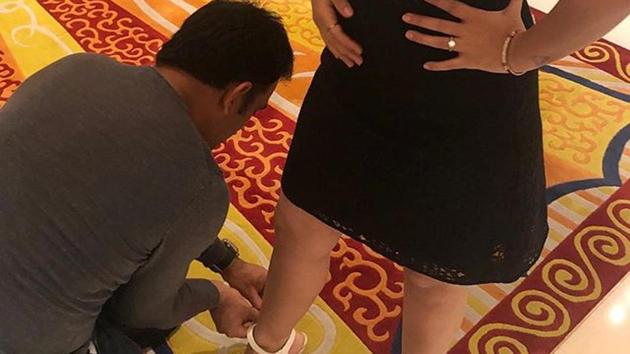 Sakshi also shared another similar post which shows Dhoni helping her with a bracelet. (Sakshi Dhoni/Instagram) Sakshi also shared another similar post which shows Dhoni helping her with a bracelet. (Sakshi Dhoni/Instagram)