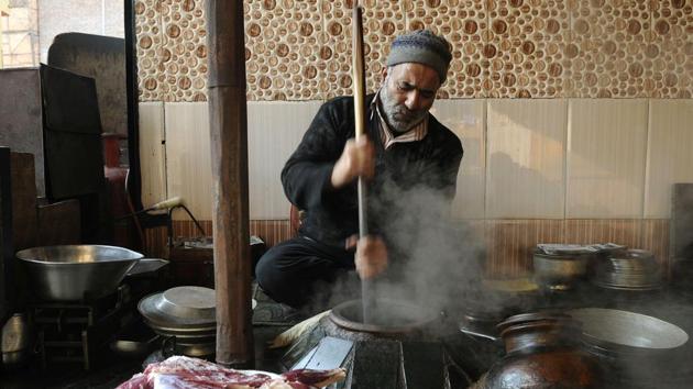 A generation ago, many Harissa makers employed workers from Gurez, known for their strength, most needed for mashing the Harissa. Muhammad Munawar Wani (not pictured), remembers coming to Srinagar half-a-century ago to work at the popular Bhat Harissa shop at Aali Kadal. “Harissa was Rs 2 per kg in the ’60s. It is Rs 800 per kg now. But it’s still made the same way,” Munawar says. (Waseem Andrabi / HT Photo) 