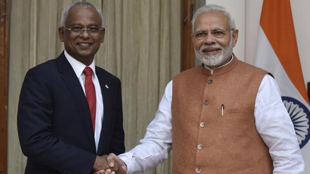 Prime Minister Narendra Modi and Maldivian President Ibrahim Mohamed Solih.(Sanjeev Verma/HT Photo)