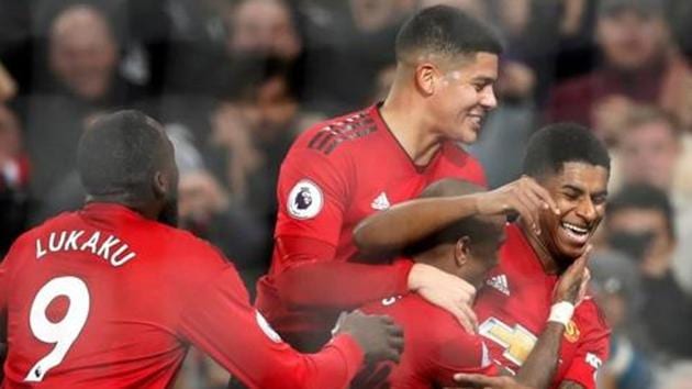 Manchester United's Marcus Rashford celebrates a goal with his teammates.(Reuters) Manchester United's Marcus Rashford celebrates a goal with his teammates.(Reuters)