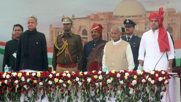 Veteran Congress leader Ashok Gehlot took the oath as the chief minister of Rajasthan for the third time on Monday at the historic Albert Hall in state capital Jaipur. Sachin Pilot took oath as the deputy chief minister after Congress president Rahul Gandhi brokered peace between Gehlot and him on Friday after two days of hectic consultations in New Delhi. (Himanshu Vyas / HT Photo) Veteran Congress leader Ashok Gehlot took the oath as the chief minister of Rajasthan for the third time on Monday at the historic Albert Hall in state capital Jaipur. Sachin Pilot took oath as the deputy chief minister after Congress president Rahul Gandhi brokered peace between Gehlot and him on Friday after two days of hectic consultations in New Delhi. (Himanshu Vyas / HT Photo)