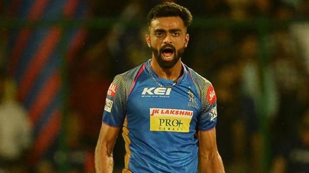 Rajasthan Royals bowler Jaydev Unadkat celebrates after he dismissed Delhi Daredevils batsman Rishabh Pant.(AFP)