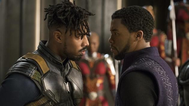 This image released by Disney shows Michael B. Jordan, left, and Chadwick Boseman in a scene from Marvel Studios' Black Panther.(AP)
