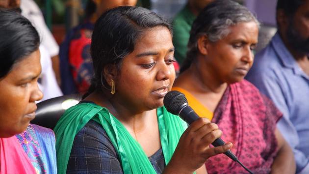 The widow of Sanal Kumar at the dharna site in Thiruvananthapuram. (Vivek Nair/HT PHOTO) The widow of Sanal Kumar at the dharna site in Thiruvananthapuram. (Vivek Nair/HT PHOTO)