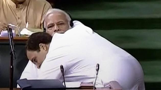 Congress President Rahul Gandhi hugs Prime Minister Narendra Modi after his speech in the Lok Sabha on 'no-confidence motion' during the Monsoon Session of Parliament. (PTI file photo) Congress President Rahul Gandhi hugs Prime Minister Narendra Modi after his speech in the Lok Sabha on 'no-confidence motion' during the Monsoon Session of Parliament. (PTI file photo)