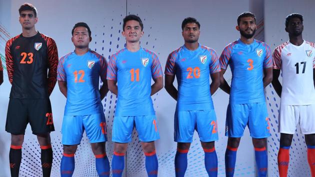 Sunil Chhetri with team players pose for picture during the official jersey launch of the Indian National football team.(Indian Football Team/ Instagram)