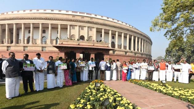 Parliament proceedings began in both houses for the seventh day of the Winter session on Wednesday with Rajya Sabha being adjourned for the day following uproar over Rafale deal and Cauvery issues. Lok Sabha was also adjourned till noon amid protests by AIADMK, Congress and TDP members over various issues. (Sonu Mehta / HT Photo)