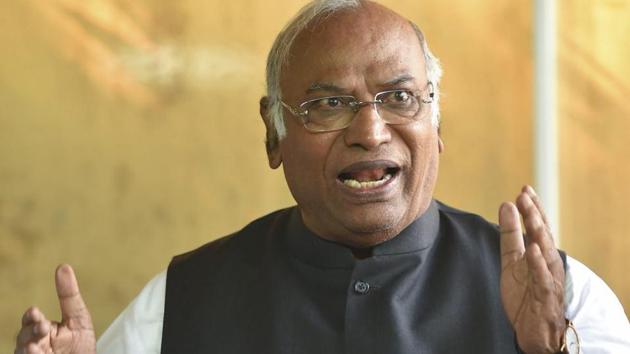 Congress Parliamentary Party leader Mallikarjun Kharge addresses the media during the Winter Session of Parliament, in New Delhi on December 14.(PTI Photo)