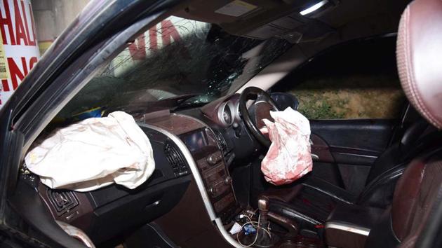 File photo of Apple executive Vivek Tiwari’s car after the incident in which he was killed on September 29. File photo of Apple executive Vivek Tiwari’s car after the incident in which he was killed on September 29.