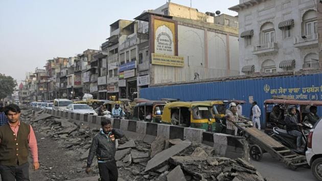 A redevelopment project is underway in Chandni Chowk which will be completed by March, 2020. (Sanchit Khanna/HT Photo) A redevelopment project is underway in Chandni Chowk which will be completed by March, 2020. (Sanchit Khanna/HT Photo)