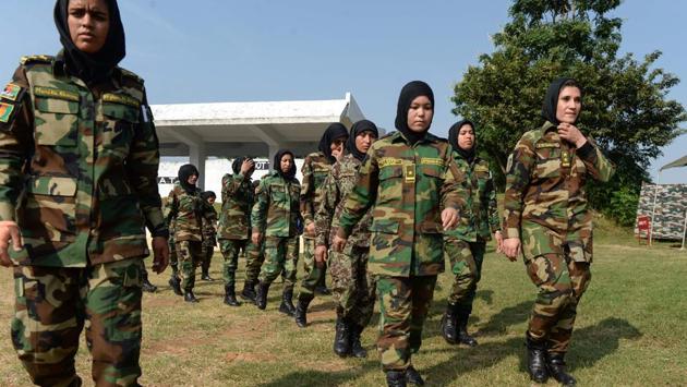 Afghan women army cadets march during a training programme at India’s only academy to impart training to women cadets and officers. The OTA is hosting women officers from the Afghanistan Armed Forces for the second time, the first being last year with 20 women. (Arun Sankar / AFP) Afghan women army cadets march during a training programme at India’s only academy to impart training to women cadets and officers. The OTA is hosting women officers from the Afghanistan Armed Forces for the second time, the first being last year with 20 women. (Arun Sankar / AFP)