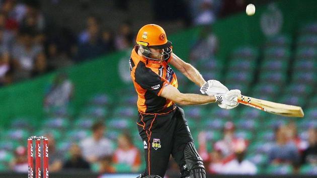 Ashton Turner of the Scorchers scores a six after the ball hit the roof during the Big Bash League match.(Getty Images)