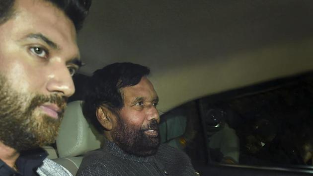 LJP chief Ram Vilas Paswan leaves after meeting BJP chief Amit Shah on Thursday.(PTI)