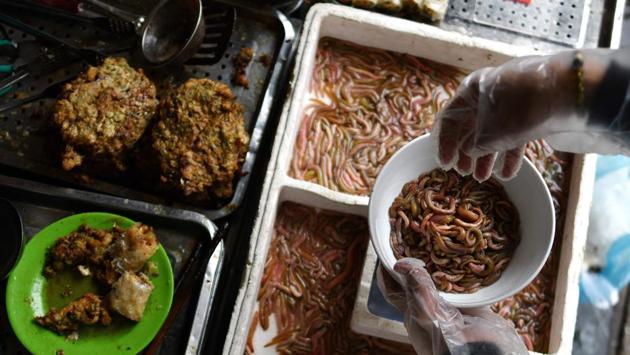 The edible critters flood farmers’ fields as temperatures in the north drop around October and November. Purveyors of the snack, which cost around $1 each, urge customers not to be put off by the sinuous insides. (Manan Vatsyayana / AFP) The edible critters flood farmers’ fields as temperatures in the north drop around October and November. Purveyors of the snack, which cost around $1 each, urge customers not to be put off by the sinuous insides. (Manan Vatsyayana / AFP)