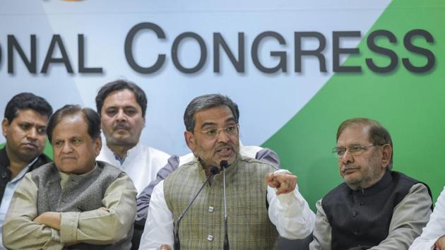 Rashtriya Lok Samta Party (RLSP) leader Upendra Kushwaha speaks after joining the grand alliance during a press conference at AICC in New Delhi, Thursday(File)