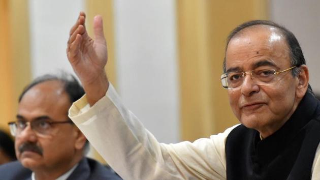 Finance minister Arun Jaitley addresses a press conference after GST Council meeting in New Delhi.(PTI Photo)