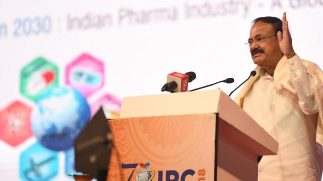 Vice President Venkaiah Naidu speaks during the inauguration of 70th Indian Pharmaceutical Congress, at Amity University(Virendra Singh Gosain/HT PHOTO)