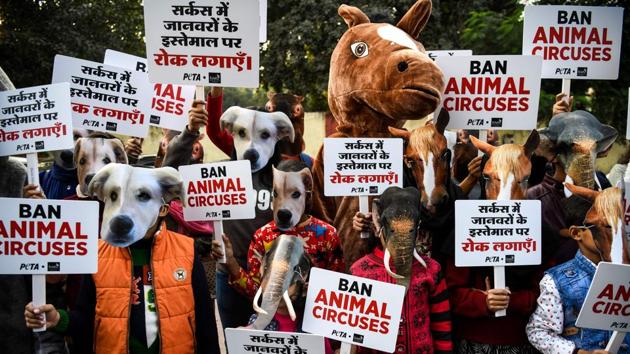 Children and volunteers of the animal rights group PETA wear masks of various animals and hold placards during a protest against the use of animals in circuses, in New Delhi. (Chandan Khanna / AFP)