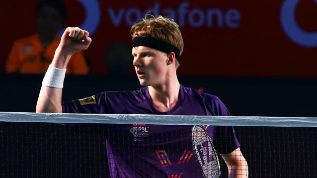Anders Antonsen celebrates after beatng Tomy Sugiarto during the match.(PBL Image)