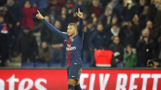 PSG forward Kylian Mbappe reacts after scoring his side first goal against Nantes at the Parc des Princes Stadium in Paris.(AP)