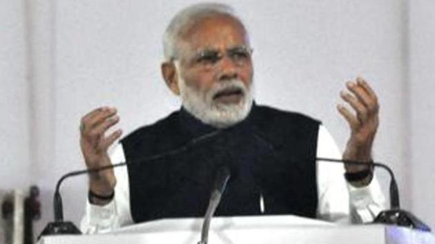 Prime Minister Narendra Modi on Sunday hit out at the Mahagatbandhan for the 2019 Lok Sabha polls, saying it was an “unholy alliance” of various political parties for “personal survival”.(Rajesh Kumar/HT Photo)
