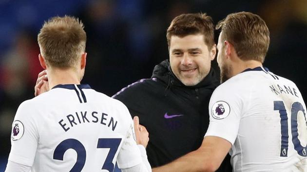 Tottenham's Christian Eriksen and Harry Kane celebrate with manager Mauricio Pochettino after the match. (Action Images via Reuters) Tottenham's Christian Eriksen and Harry Kane celebrate with manager Mauricio Pochettino after the match. (Action Images via Reuters)