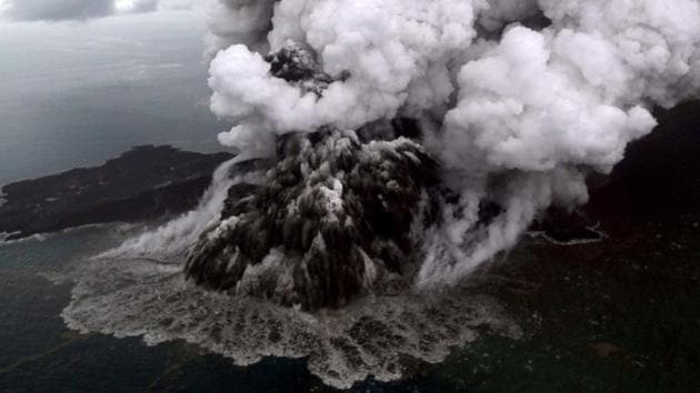 An aerial view of Anak Krakatau volcano during an eruption at Sunda strait in South Lampung, Indonesia.(REUTERS) An aerial view of Anak Krakatau volcano during an eruption at Sunda strait in South Lampung, Indonesia.(REUTERS)