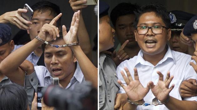 Wa Lone, 32, and Kyaw Soe Oo, 28, were arrested in December 2017 and later sentenced to seven year prison terms for what prosecutors said was the possession of classified material on security operations. (AP Photo) Wa Lone, 32, and Kyaw Soe Oo, 28, were arrested in December 2017 and later sentenced to seven year prison terms for what prosecutors said was the possession of classified material on security operations. (AP Photo)