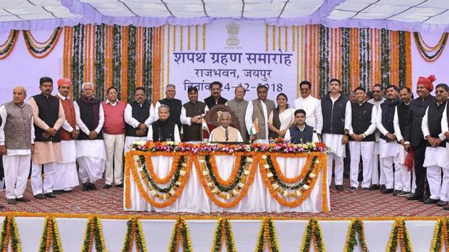 Rajasthan Chief Minister Ashok Gehlot expanded his cabinet with the swearing-in of 13 cabinet ministers and 10 state ministers of the newly-formed government. Governor Kalyan Singh administrated the oath of office to the new ministers at an event attended by deputy chief minister Sachin Pilot and senior Congress leaders. (PTI) Rajasthan Chief Minister Ashok Gehlot expanded his cabinet with the swearing-in of 13 cabinet ministers and 10 state ministers of the newly-formed government. Governor Kalyan Singh administrated the oath of office to the new ministers at an event attended by deputy chief minister Sachin Pilot and senior Congress leaders. (PTI)