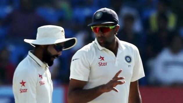Ravindra Jadeja and Ravichandran Ashwin of India during day 4 of the first test match between India and England held at the Saurashtra Cricket Association Stadium , Rajkot on the 12th November 2016.(BCCI Photo)