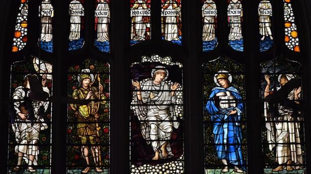 The design of the Great West Window with its central figure of Justice was chosen by Lady Mayo and executed by Messrs. Morris & Co., Bloomsbury, who employed Sir Edward Burne-Jones as their principal artist to execute it. He was an uncle of the writer Rudyard Kipling. (Arijit Sen / HT Photo) The design of the Great West Window with its central figure of Justice was chosen by Lady Mayo and executed by Messrs. Morris & Co., Bloomsbury, who employed Sir Edward Burne-Jones as their principal artist to execute it. He was an uncle of the writer Rudyard Kipling. (Arijit Sen / HT Photo)