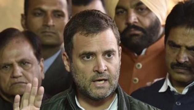 Congress president Rahul Gandhi addresses the media during the winter session in Parliament, in New Delhi on December 18. (Sanjeev Verma/HT PHOTO) Congress president Rahul Gandhi addresses the media during the winter session in Parliament, in New Delhi on December 18. (Sanjeev Verma/HT PHOTO)