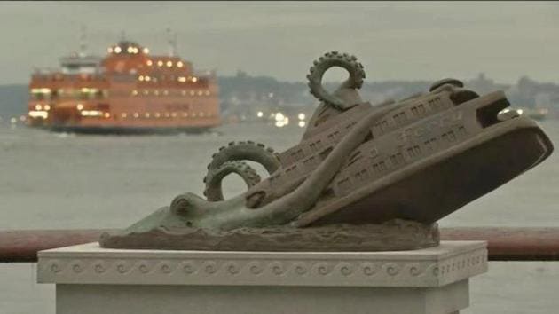 It all started in 2016 with a bronze statue commemorating the tragic day in November 1963 when a giant octopus upended the Staten Island ferry, killing nearly 400 people in New York.(Joseph Reginella/Facebook)