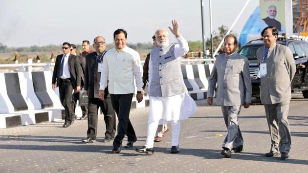 Prime Minister Narendra Modi today inaugurated the Bogibeel bridge, India’s longest rail-cum-road bridge, connecting Assam’s Dibrugarh on the south bank to Dehamji in the north.(Twitter/@CMOfficeAssam)