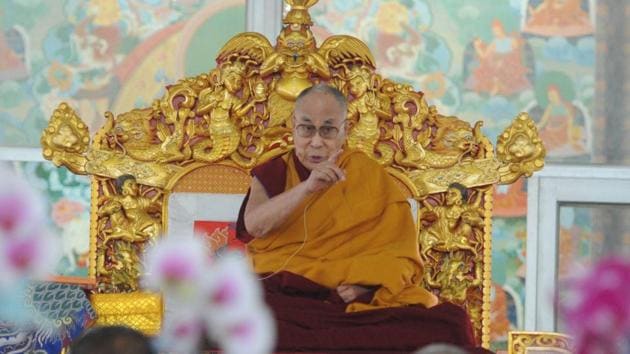 Tibetan spiritual leader Dalai Lama addresses a gathering at Kalachakra ground, in Bodh Gaya on Monday.(Parwaz Khan / HT Photo)