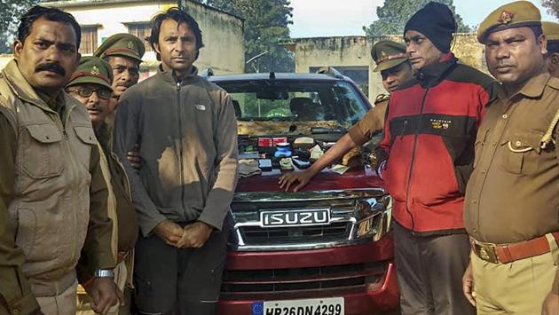 International golfer Jyoti Randhawa (2L) and national level shooter Mahesh Virajdar were arrested on Wednesday on poaching charges in Uttar Pradesh’s Bahraich. The arrests took place in Motipur Range of Katerniaghat, field director Dudhwa Tiger Reserve (DTR) Ramesh Kumar Pandey. A red Isuzu SUV, a .22 rifle and other equipment along with wildlife articles were seized from them. (PTI) International golfer Jyoti Randhawa (2L) and national level shooter Mahesh Virajdar were arrested on Wednesday on poaching charges in Uttar Pradesh’s Bahraich. The arrests took place in Motipur Range of Katerniaghat, field director Dudhwa Tiger Reserve (DTR) Ramesh Kumar Pandey. A red Isuzu SUV, a .22 rifle and other equipment along with wildlife articles were seized from them. (PTI)