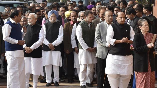 (L-R) Vice President M Venkaiah Naidu, Prime Minister Narendra Modi, former Prime Minister Dr. Manmohan Singh, Congress President Rahul Gandhi, Finance Minister Arun Jaitley, Home Minister Rajnath Singh, UPA Chairperson Sonia Gandhi and others pay homage to security personnel who lost their lives during 2001 Parliament attack on its 17th anniversary, at Parliament House, in New Delhi. (Ajay Aggarwal / HT Photo) 