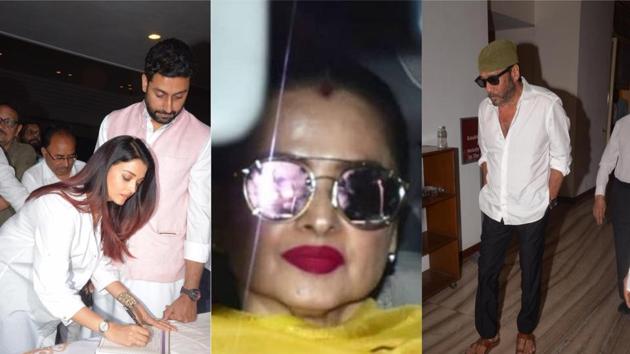Aishwarya Rai Bachchan, Abhishek Bachchan and Rekha paid their last respects to social activist NanaChudasama. (Viral Bhayani) Aishwarya Rai Bachchan, Abhishek Bachchan and Rekha paid their last respects to social activist NanaChudasama. (Viral Bhayani)