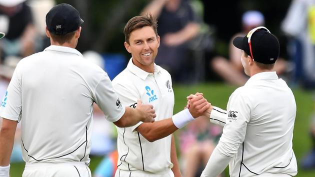 New Zealand's Trent Boult (C) with teammates Tim Southee (L) and Henry Nicholls (R) celebrate after the fall of a wicket. (AFP) New Zealand's Trent Boult (C) with teammates Tim Southee (L) and Henry Nicholls (R) celebrate after the fall of a wicket. (AFP)
