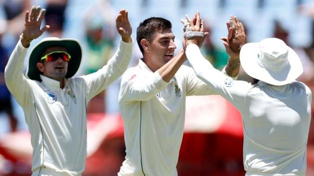 Duanne Olivier celebrates bowling out Azhar Ali with his teammates. (Reuters)