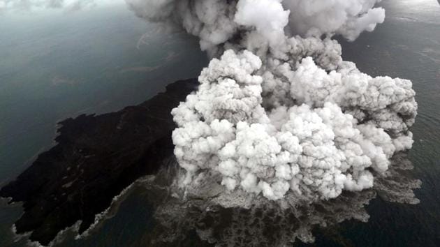 An aerial view of Anak Krakatau volcano during an eruption at Sunda strait in South Lampung, Indonesia.(REUTERS)