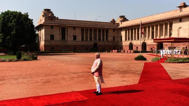 Prime Minister Narendra Modi during a ceremonial reception at the Rashtrapati Bhavan in New Delhi. (Sonu Mehta / HT Photo) 