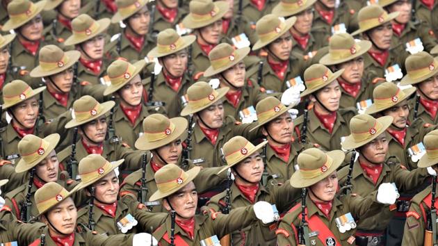 The Ladakh Scouts contingent passes through the saluting base at Rajpath during the Republic Day Parade in New Delhi. (Ajay Aggarwal / HT Photo) 