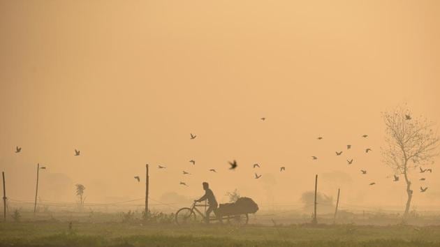 A man carries his cart across a field enveloped in the morning smog near Mayur Vihar in New Delhi. (Biplov Bhuyan / HT Photo) 