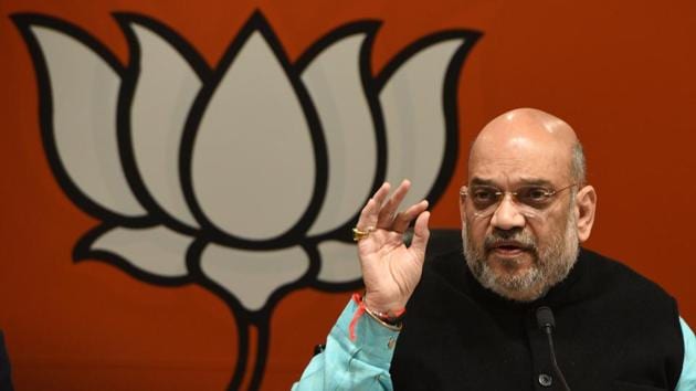 Days after sealing the seat-sharing formula with its alliance partners in Bihar, BJP national president Amit Shah met party MPs from the state in New Delhi on Thursday evening to take a feedback of party’s prospects in the coming Lok Sabha polls.(Mohd Zakir/HT Photo)